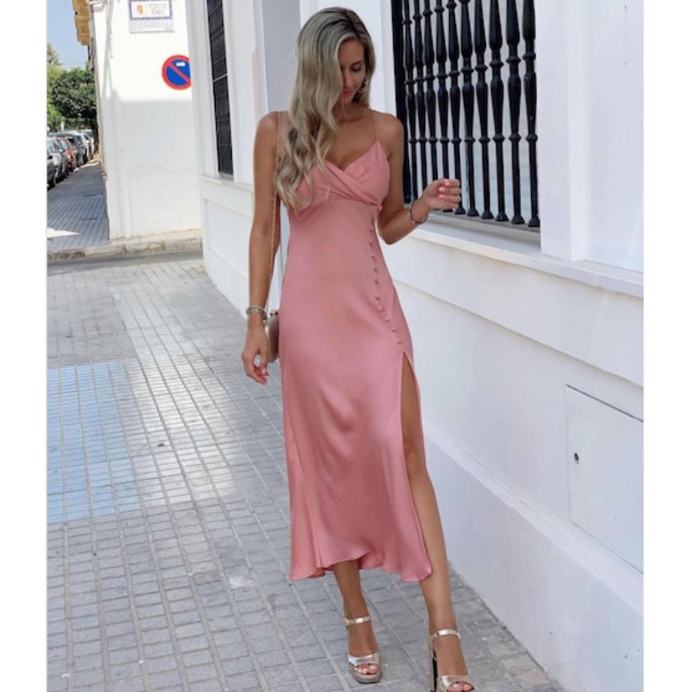 BLOGGER'S FAVE! Zara Buttoned Slip Dress Beige Pink Sz XS, L